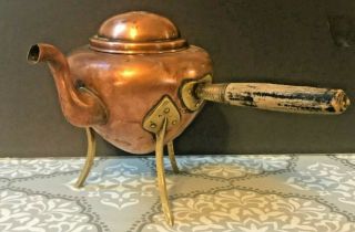 19th Century Antique Copper And Brass Teapot With Wooden Handle