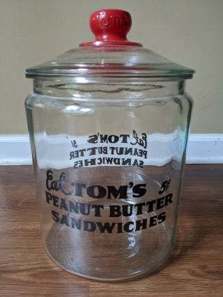 Vintage Glass Jar “eat Tom’s Peanut Butter Sandwiches” W/ Embossed Lid