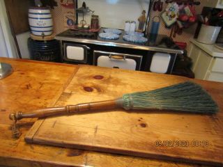 Primitive 19th C Hearth Corn Husk Broom With Green Dyed - 28 " Long