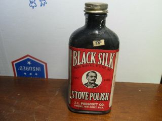 Vtg 6oz Black Silk Stove Polish Jl Prescott Passaic Nj Glass Bottle Paper Label