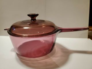 Vintage Corning Visions 2.  5 L Cranberry Glass Saucepan Pot & Lid - Pink Purple
