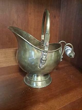 Vintage Brass Small Coal/ash Bucket With Ceramic Handle