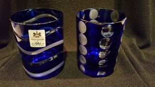 S/2 Vintage Ajka Crystal Cobalt Blue Cut To Clear Swirl/dot Rocks? Glasses 4 " H