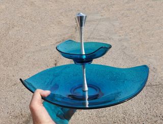 Vintage Aqua Turquoise Blue Art Glass 2 Layer Candy Dish Viking Bluenique Plate