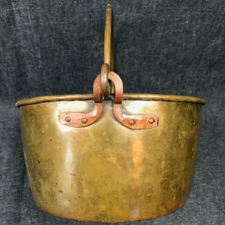 Antique Brass And Copper Cauldron Kitchen Pot With Handle 9.  5 "