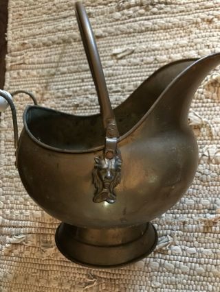 Antique Brass Coal Bucket Scuttle With Lion Head 9x8” Approximately