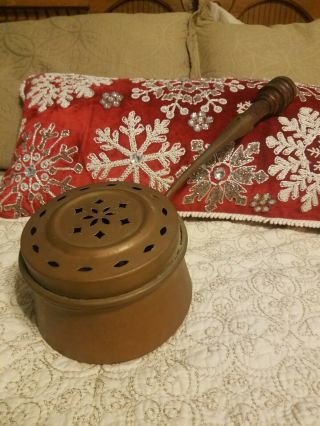 Antique 18 1/2 " Copper Bed Warmer Made In Italy With Wooden Handle Old Rustic