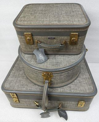 Vintage Mid Century American Tourister Hard Suitcase Luggage Set Gray Tweed