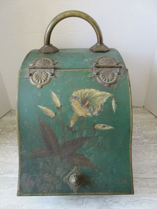 Antique Hand Painted Lily Metal & Brass Coal Scuttle Hod Fireplace Hearth Ware
