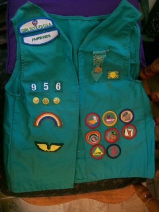 Girl Scouts Usa Green Vest With Badges Pins And Patches