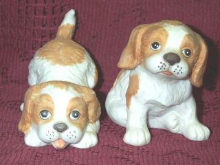 Vintage 2 Springer Spaniel Homco Puppy Dog Figurines Tan White 1407 Porcelain 3 "