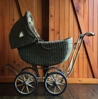Antique Victorian Pram Stroller Carriage Buggy Wicker W/ Canopy