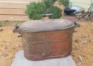 Vintage Antique Copper Boiler Wash Tub Wood Handles Lid Moonshine Still Box Old
