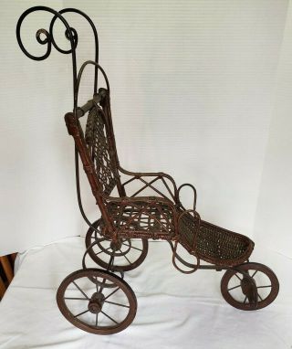 Antique,  Vintage Wicker Baby Doll Stroller Ornate,  Missing Ceramic Handle,  3 Whe