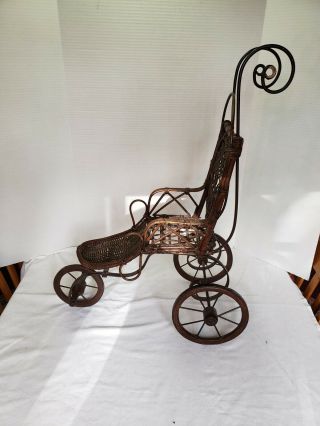 Antique,  Vintage Wicker Baby Doll Stroller Ornate,  Missing Ceramic Handle,  3 Whe 3