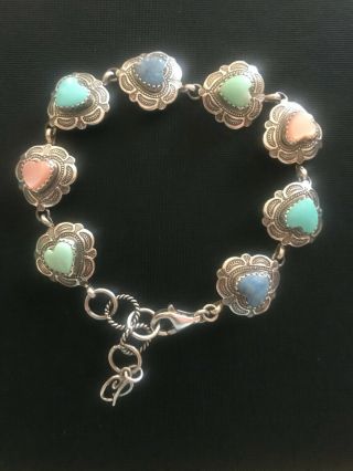 Vintage Carolyn Pollack Sterling Multi - Stone Heart Motif Bracelet 7.  5” W/ 1