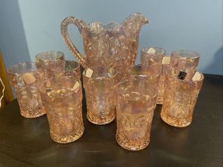 Vintage Imperial Glass “tiger Lily” Pink Carnival Pitcher Set (12) - Lenox