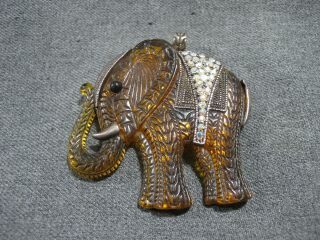 Vintage Metal & Rhinestones Decorated Amber Color Huge Elephant Pendant