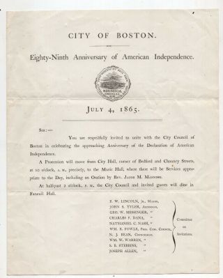 1865 Invitation Boston American Independence Celebration/ Faneuil Hall Dinner
