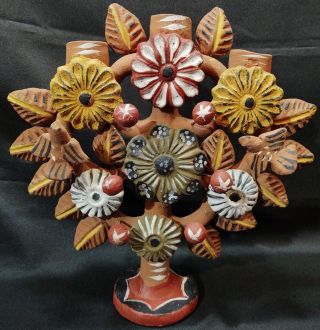 Vintage Mexico Mexican Tree Of Life Candelabra Folk Art Pottery Red Clay 10 " A,