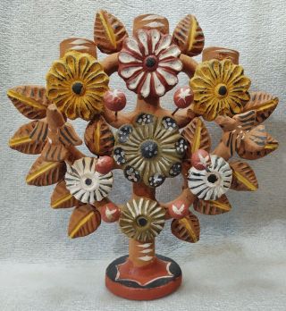 Vintage Mexico Mexican Tree Of Life Candelabra Folk Art Pottery Red Clay 10 