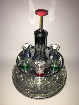 Vintage Pump Decanter In Chrome Stand With 6 Shot Glasses & 3 Crystal Trays