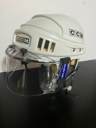 Vintage Ccm Ht2 White Hockey Helmet Size Large 7 - 7 5/8 With Bauer Visor