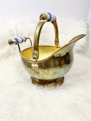 Vintage Coal Scuttle Bucket Brass Porcelain Spittoon Lion Head Ash Blue Planter