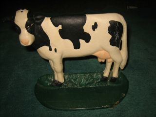 Ceramic Black & White Cow Figurine Statue Standing On Green Grass Base So Cute