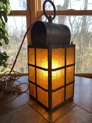 Vintage Copper Pendant Amber Slag Glass Hanging Swag Lamp Light Lantern Style