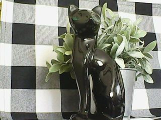 Vintage Ceramic Black Cat Painted Green Eyes Figurine Art Deco Figure Statue