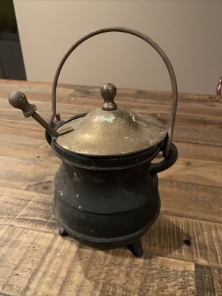 Vintage Cast Iron & Brass Fire Starter Pot 3 - Footed With Wand