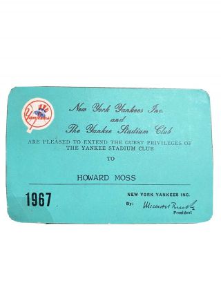 Authentic Vintage 1967 York Yankees Stadium Club Pass