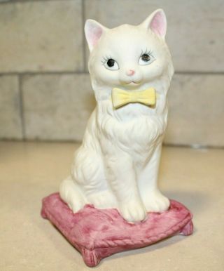 Ceramic White Cat Sitting On Pink Pillow Figurine Animal Blue Eyed Kitten
