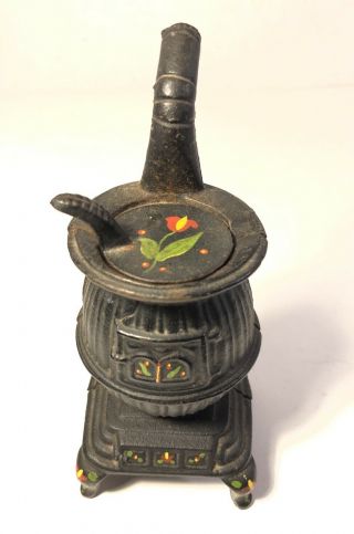 Vintage Cast Iron Mini Pot Belly Stove Miniature Salesman Type Sample W Flowers