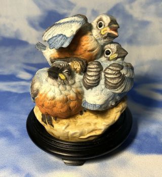 Vintage Andrea By Sadek " Baby Bluebirds " Porcelain Bird Figurine Base 5803