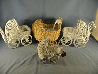4 Vintage Baby Doll Stroller Wicker Carriage / Buggy W 2 Insert Pads,
