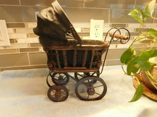 Vintage Baby Doll Carriage - Wicker & Wood With Canopy