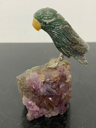 Carved Stone Crystal Quartz Geode Parakeet Bird Art Statue Figurine Sculpture