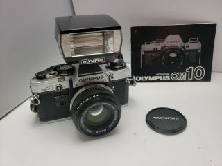 Vintage Olympus Om10 35mm Film Slr Camera Body W/zuiko 50mm F1.  8 Lens Near
