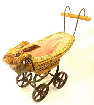 Rare Vintage Carved Bunny Rabbit Head Wicker Metal Doll Carriage Buggy Stroller