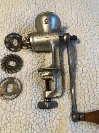 Old Universal 2 Meat Grinder With 3 Attachments.  Made In The Usa