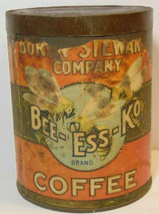 Old Vintage 1920s Bee Ess Ko Coffee Tin Graphic Tall 1 Pound Can Dallas Texas Tx