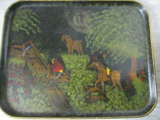 Old Vintage Hand Painted Papier Mache Serving Tray Horse Hound Hunting Scene