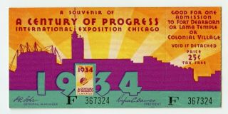 Vintage 1934 Century Of Progress International Exp.  Chicago Worlds Fair Ticket