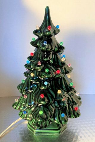 Vintage 11 " Holland Green Ceramic Christmas Tree W/multi - Color Mini Globe Lights