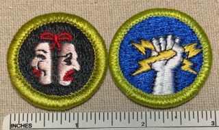 2 Vintage Boy Scout Merit Bage Patches Dramatics (theater) Electricity Sash Pb