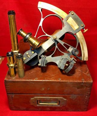 Antique Kelvin & Hughes Limited Brass Sextant 16875 W/orig Case & Lenses