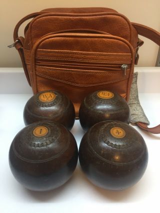 Vintage Wood Thomas Taylor Glasgow Lawn Bowls Balls Set Of 4,  Bias 3,  W/ Bag