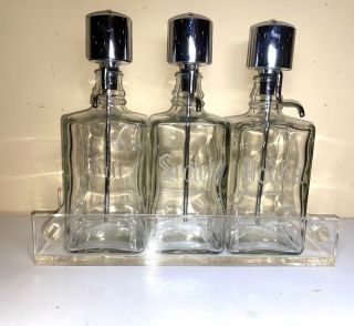 Mid - Century Liquor Decanter Set W/ Lucite Tray,  Etched Pump Bottles Mcm Vintage